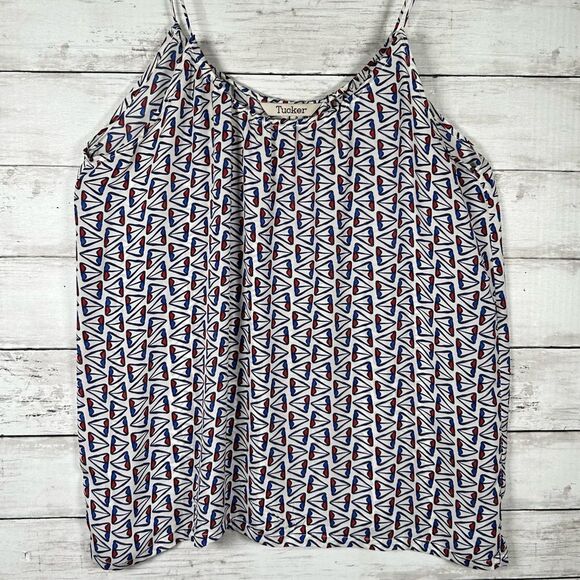 Tucker Camisole Silk Crepe Top Size P Geometric White Blue Red Nautical 38” Bust - Picture 1 of 6